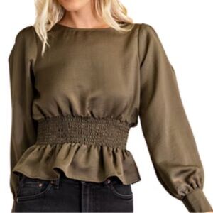 Olive Green Smocked Waist Blouse